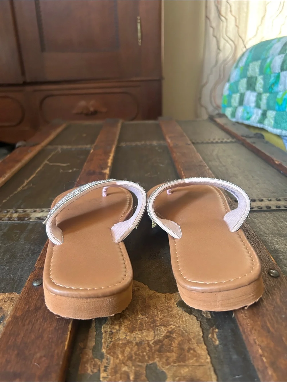 Embellished Pink Strap Brown Footbed Flip Flops